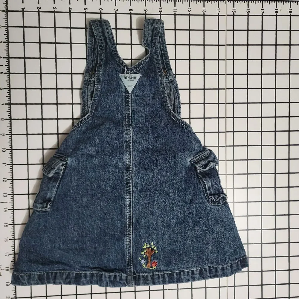 Vintage OshKosh Denim Overall Jumper Dress Embroidered Sunshine Tent Girls 24Mon